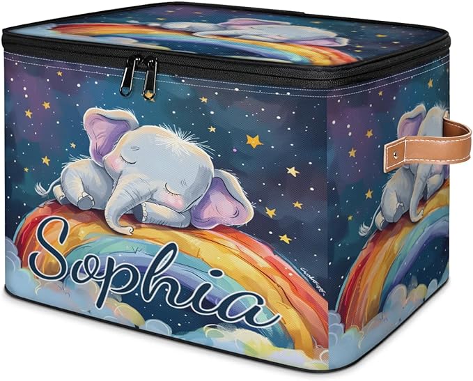 Custom Storage Basket with Name Personalized Storage Bins with Zipper Lid Foldable Fabric Storage Box Large capacity with Handle Elephant Rainbow