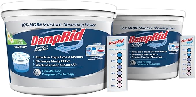 DampRid Hi-Capacity Moisture Absorber Bucket Fresh Scent 2 lb. 15.5 oz. &amp Moisture Detection Strip (2 Pack) Attracts &amp Traps Excess Moisture