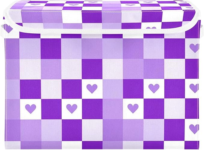 Checkered Purple Hearts Storage Box with Lid 1 PC Foldable Storage Bin with Lids Stackable Storage Bins Cube Closet Organizer Basket with Flip-Top Lid &amp Handles for Shoes Books Towels