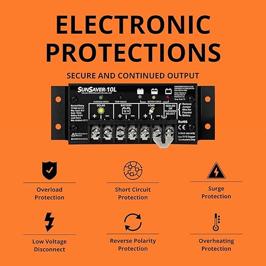 Morningstar SunSaver 10A PWM Solar Charge Controller (SS-10L-12V) - Solar Panel Regulator for 12V batteries Four Stage Battery Charging LVD HazLoc Rated Low Noise 5 Year WTY - Designed in the USA