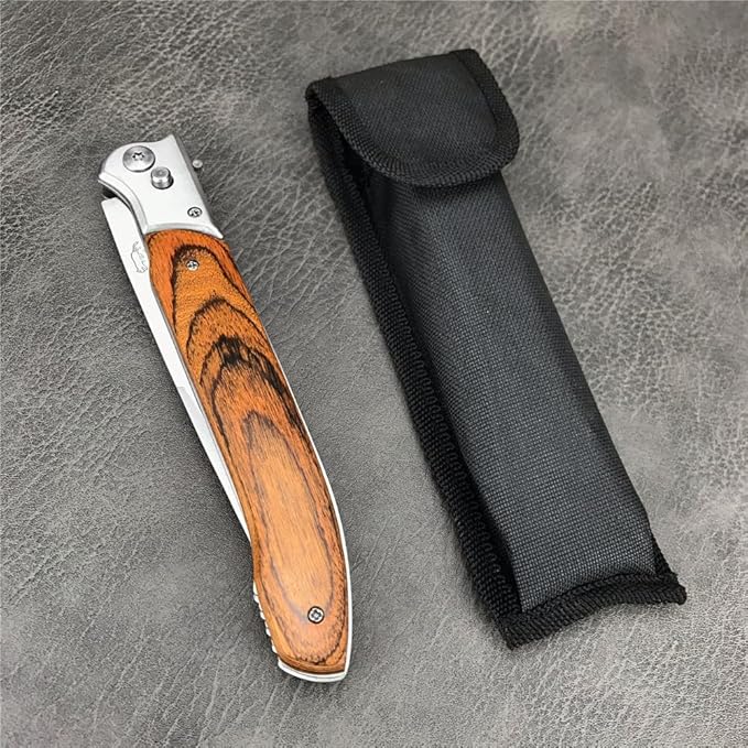 12'' Tactical Folding Knife 420 Stainless Steel Blade Red-colored Wood Handles with Slide Safety Lock Outdoor Camping EDC Tools