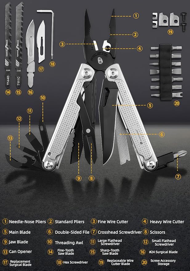Multitool 20-in-1 Full-Size Lightweight EDC Multi-Purpose Pliers With Safety Locking Nylon Bag Tactical Gear Camping Knives &amp Tools Gift Ideas for Men (Silver)