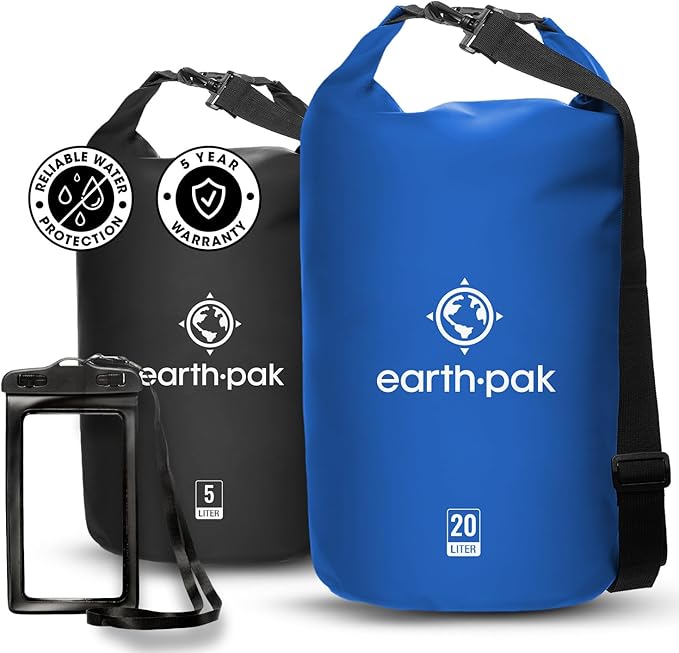 Earth Pak Waterproof Dry Bag - Roll Top Waterproof Backpack Sack Keeps Gear Dry for Kayaking Beach Rafting Boating Hiking Camping Blue 5L &amp Blue 10L