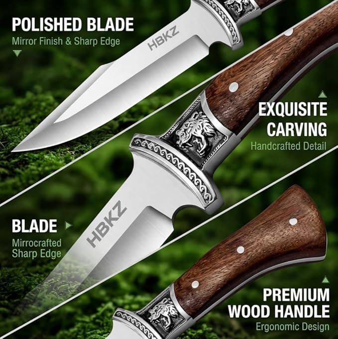 12 Fixed Blade Outdoor Knife with Nylon Sheath 6.3 9Cr18 Stainless Steel Full Tang Hunting Knife Ergonomic Solid Wood Handle with Wolf Head Relief Guard for Camping Survival &amp Fishing