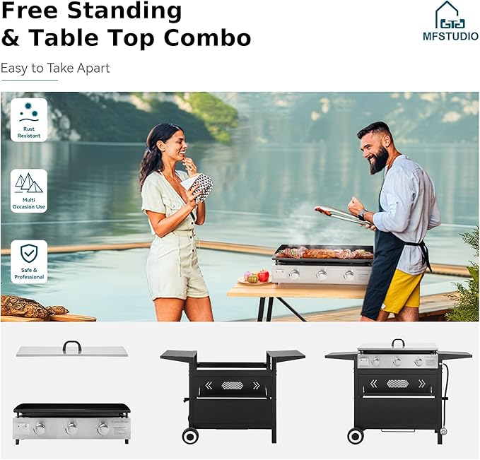 MFSTUDIO Flat Top Grill with Ceramic Coated Cast Iron Griddle 3-Burner Propane Gas BBQ Griddle Grill Outdoor Barbecue Grill33000 BTUBlack