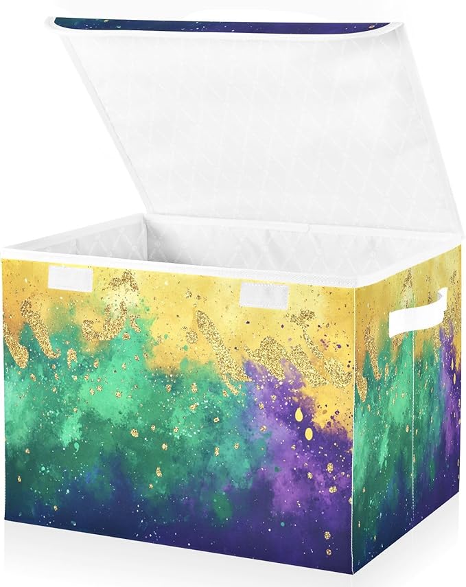 Mardi Gras Background Fabric Storage Bins with Lids and HandleFoldable Storage Bins with LidsCloset Organizers for Clothes Storage Room Organization Office Storage Chest Organizer