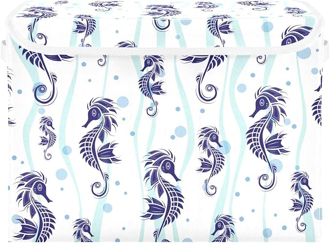 susiyo Large Foldable Storage Bin with Flip-Top Lid Blue Seahorse Storage Box Collapsible Closet Organizer Containers Boxes Decorative Baskets with Handles for Home Bedroom Living Room Office
