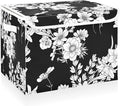 CaTaKu Large Fabric Storage Bins With LidsBlack and White Flower Storage Boxes With Handles for Organizing Clothes Collapsible Storage Cube Bins Baskets for Shelves