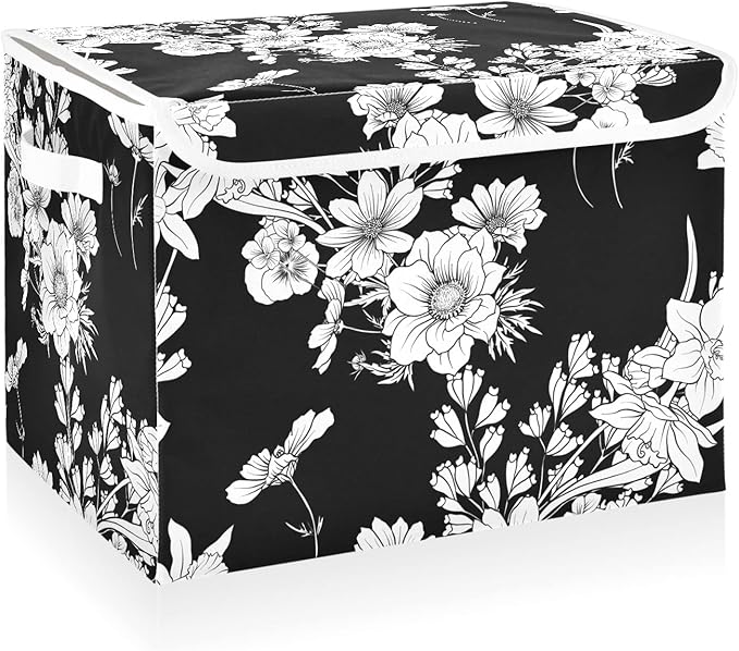 CaTaKu Large Fabric Storage Bins With LidsBlack and White Flower Storage Boxes With Handles for Organizing Clothes Collapsible Storage Cube Bins Baskets for Shelves
