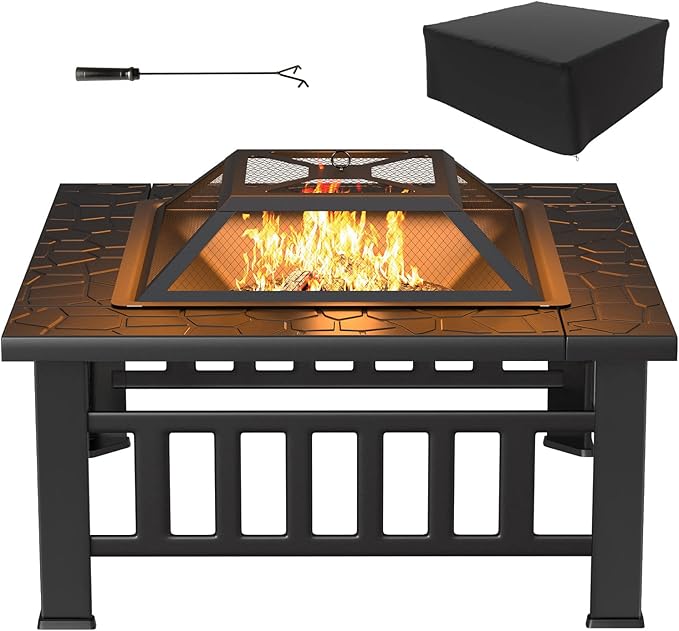 Tuoze 32-inch Fire Pits Outdoor Patio Metal Multifunctional Firepit Table with Waterproof Cover for Camping Bonfire Party Picnic BBQ Backyard Garden Outside Heatingblack