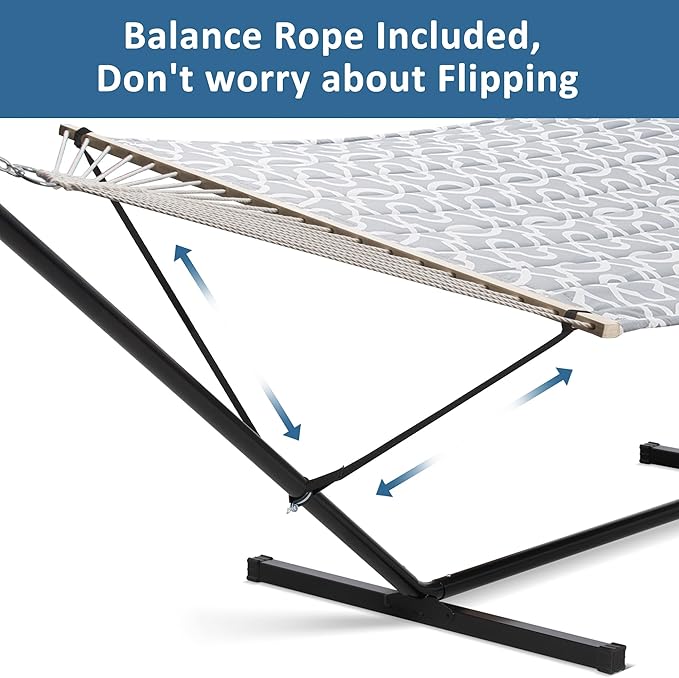 SUNCREAT 55 Inch Extra Large Double Hammock with Stand 475lbs Capacity Outdoor Portable Hammock with Hardwood Spreader Bar Extra Large Pillow Grey