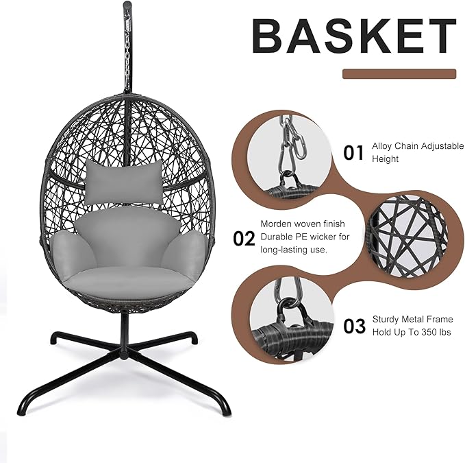 NICESOUL Bird Cage Swing Egg Chair UV/Water-Resistant 450lbs Capacity Wicker Swinging Chairs with Stand Comfy Oversized Hanging Seat w/Cushion Metal Frame &amp Cover for Indoor Outdoor Light Grey