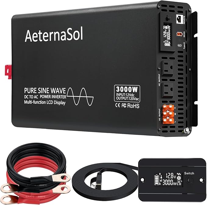 Pure Sine Wave Inverter 3000 Watt Inverter 12V DC to 110V-120V AC Converter for RV Truck Camping Solar Home Backup with 2 AC OutletsUSB Fast&ampType-CRemote MonitorHardwire PortSurge 6000W