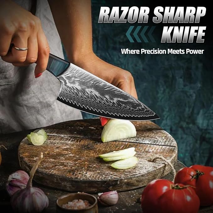 Golden Bird Damascus Steel Knife for Kitchen and Outdoor - Hand Forged Camping Cooking Knife with Resin Handle All Purpose Small Kitchen Knives with Sheath Gift for Men &amp Women