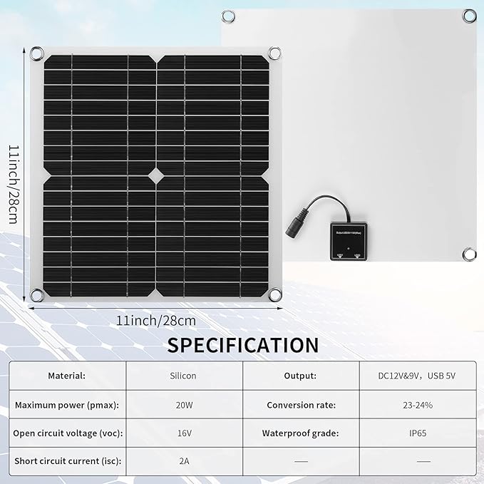 Riakrum 20W 16V Solar Panel Exhaust Fan Kit USB Portable Solar Powered Fan Summer Outdoor Waterproof Ventilator Fan for Chicken Coops Greenhouses Camping Exhaust (1 Set)