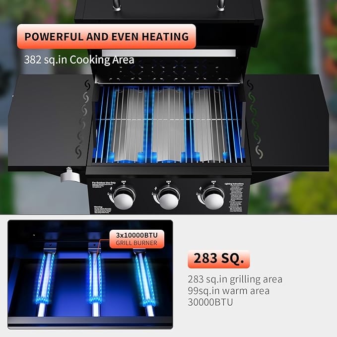 3 Burner Propane Gas Grill 30000 BTU Propane Grill with Two Side Tables Stainless Steel Barbecue Grill Outdoor Cooking BBQ for Patio Camping Backyard