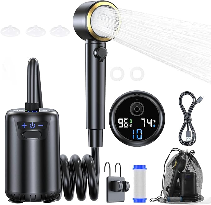 SRNPMIU Portable Camping Shower 8000mAh Rechargeable Outdoor Electric Shower Pump Shower Head with LED Display 3 Spray Mode IPX7 Waterproof Shower Kit for Camp Hiking Car WashingTravel