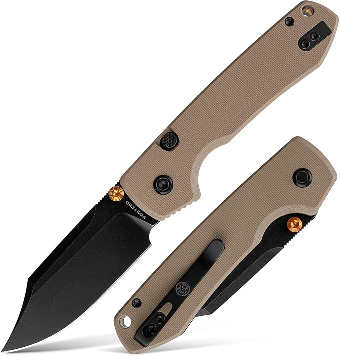 Vosteed Raccoon2.0 Bowie EDC Pocket Knife - 3.25 14C28N Black Stonewash Blade - Top Liner Lock Sand G10 Handle - Surviving Hiking Knives - A2927