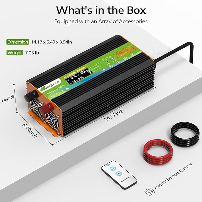 2000W Pure Sine Wave Inverter - Car Power Inverter 12V to 110VSurge 4000W Over 95% Efficiency 2 AC Outlets LCD Display 3.0 USB&ampType-C Ports Remote Control Converter for RV Home Solar Out