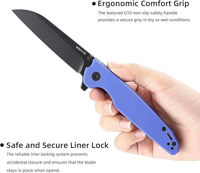 D2 Steel Folding Pocket Knife with Reversible Clip: 3.14 Black Sheepsfoot Blade Liner Lock G10 Handle Small EDC Flipper Knives Camping Tool for Man &amp Women Blue