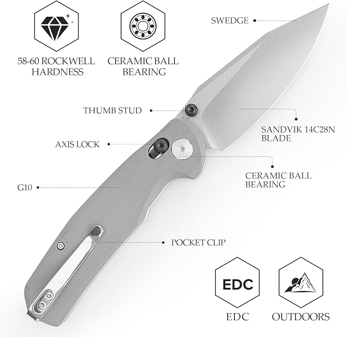 TRIVISA Pocket Knife 3.34'' 14C28N Silver Blade Folding Knife for Men Women Grey G10 Handle Folding Pocket Knives with Clip Axis Lock Thumb Studs Opener Outdoor Camping Knife Hornet-03G