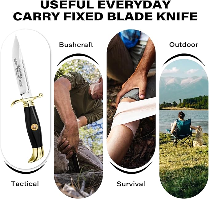 DISPATCH 250th Anniversary Commemorative Fixed Blade Knife 10.2'' Mirror Polished Stainless Steel Full Tang Blade with Dual Fullers Gold-Plated Guard &amp Pommel Resin Handle Composite Leather Sh
