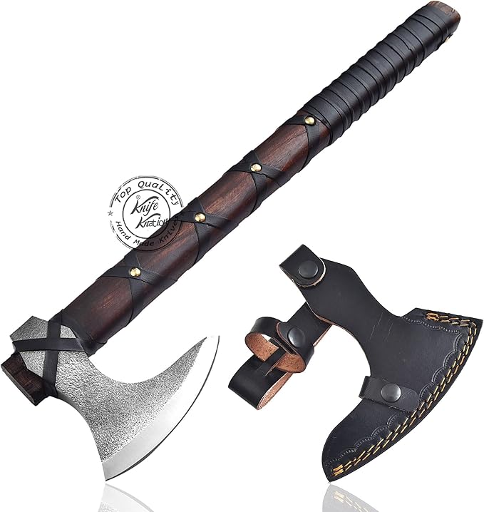 Hand-Forged Viking Axe of Ragnar Lothbrok Hunting Axe Handmade Camping Axes Hatchet-Norse Axe Tomahawk Vikings Bearded Axes Leather-Wrapped Handle &amp Sheath (AXE-11)