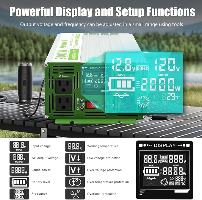 Newdeli 2000 Watt Power Inverter 12V DC to 110V 120V AC Pure Sine Wave Inverter with LCD Display Remote Controller 4 AC Outlets and 5V 3.4A USB Port for Vehicles Car Truck RV Solar System Camping