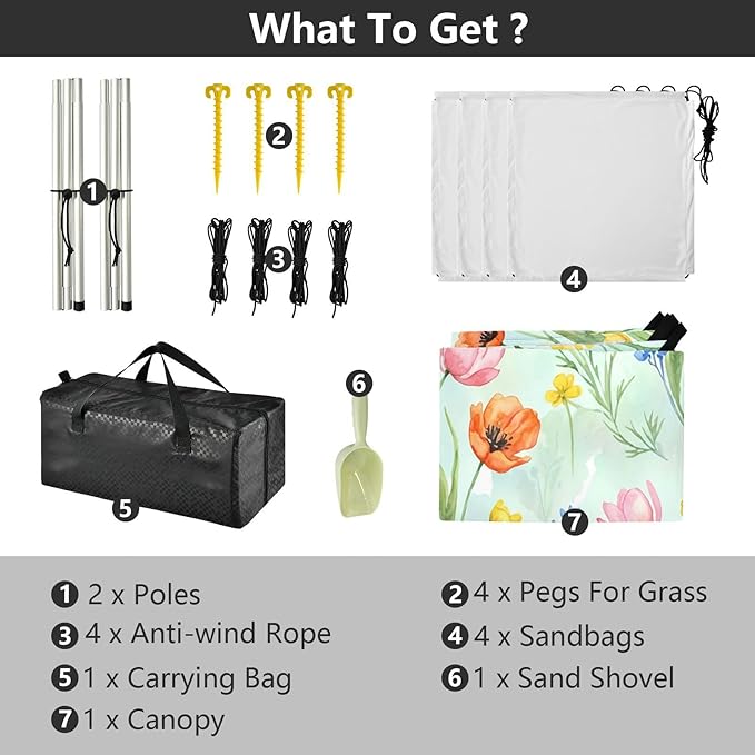 xigua Wildflowers Beach Tent Sun Shelter with Carrying Bag - Silver Coated Oxford Fabric Beach Canopy for Beach Camping Fishing - Includes Windproof Ropes Sandbags &amp Stakes
