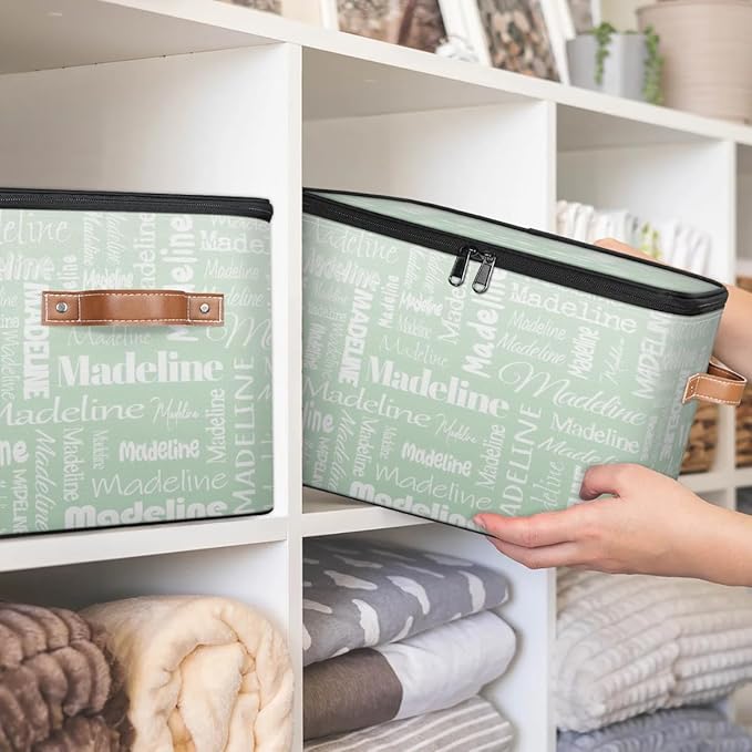 Custom Storage Basket with Name Personalized Keepsake Box with Zipper Lid Foldable Fabric Memory Bin Large capacity with Handle Green