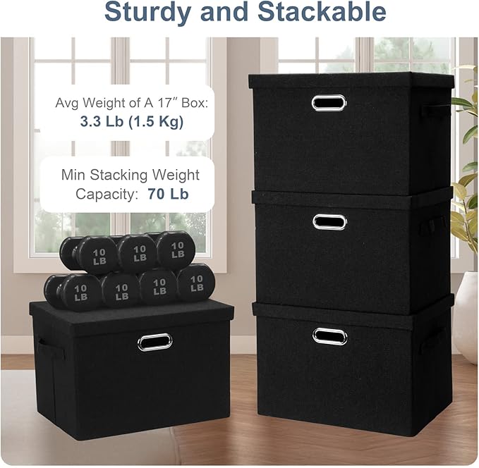 Graciadeco Large 17 36 Quart Collapsible Stackable Storage Bins with Lids 3 Packs Black Linen Fabric Closet Boxes with Lids Storage Cube Baskets Container Organizers for Bedroom Office(17 x12 x11)
