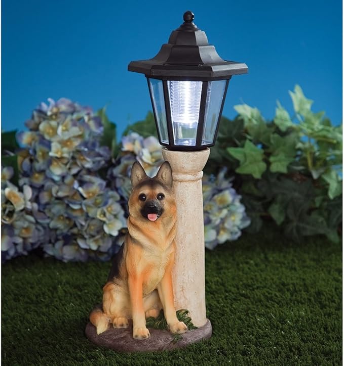 Bits and Pieces - Solar Dog Lantern-Solar Powered Garden Lantern - Resin Dog Sculpture with LED Light (Shepherd) - 13.5