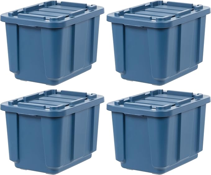 IRIS USA 4-Pack 12 Gallon Storage Bins with Lids |Made in USA| Heavy Duty Eco-Friendly Plastic Tote Containers for Truckbed Tool Box Organization Large - Navy