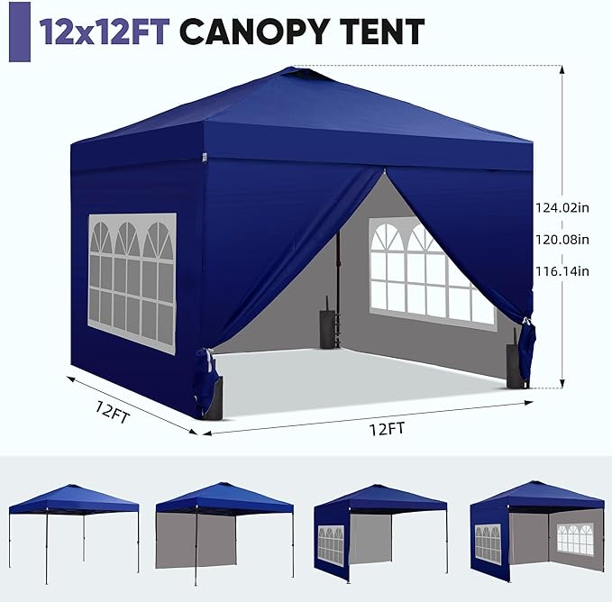GDY 12x12 Pop Up Canopy Tent with 4 Sidewalls Easy Set up with One Push Lift Gazebo with Wheel Bag and4 SandbagsCarpas for Events PartiesCamping Navy Blue.