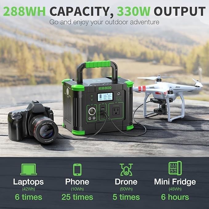 330W Portable Power Station 288.6Wh Solar Generator with 60W USB-C PD Output 110V Pure Sine Wave AC Outlet 5W Wireless Charging Multi-Port Power Supply for Camping Home Blackout RV Travel