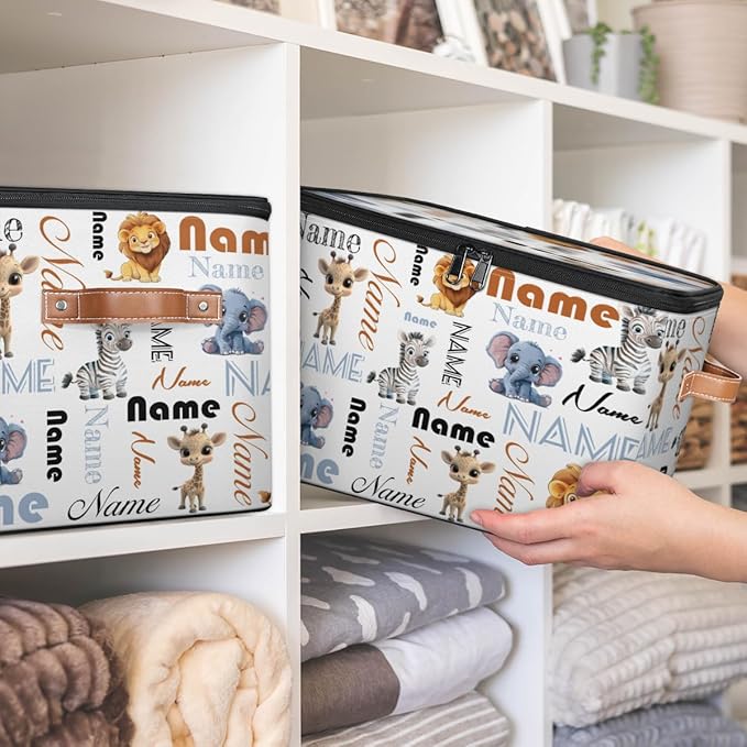 Custom Storage Bins with Zipper Lid Personalized Elephant Zebra Giraffe Lion Fabric Lidded Storage Baskets Boxes Foldable Cubes Clothes Organizer Container
