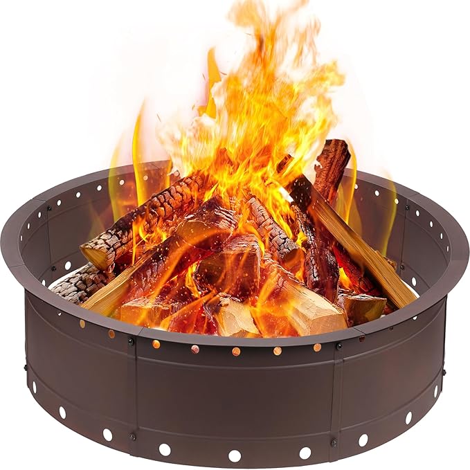 36 Inch Fire Pit Ring Large Outdoor Campfire Pit for Patio Backyard Garden Smokeless Steel Firepit with Air Vent for Efficient Burning &amp Anti-Rust Coating Brown Steel