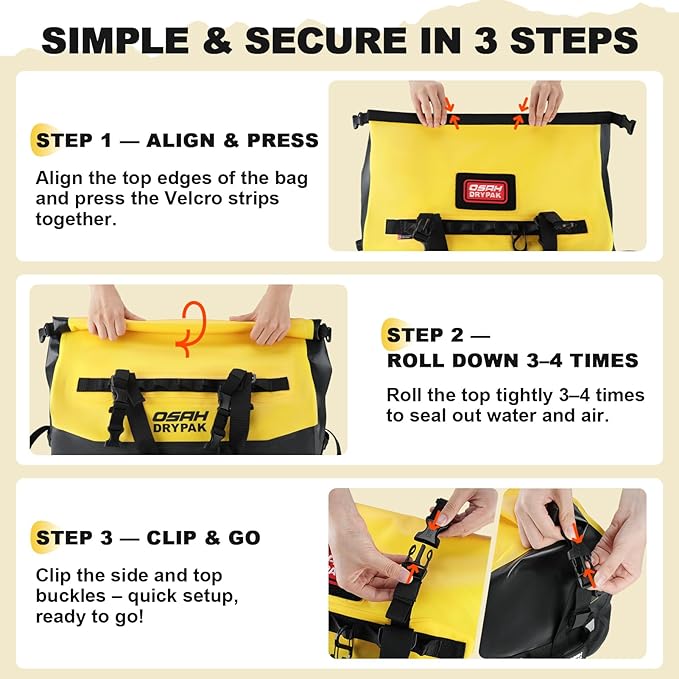 OSAH DRYPAK Waterproof Duffel Bag 25L/40L/60L – Heavy-Duty Motorcycle Tail Bag Roll-Top Dry Bag for Travel Camping Boating Kayaking Outdoor Adventure
