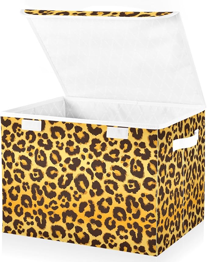 Collapsible Storage Bins with Lids Decorative Fabric Storage Cubes Closet Organizer and Storage Basket Boxes Containers for Clothes Box Chest Folding Rectangle Leopard Print Yellow
