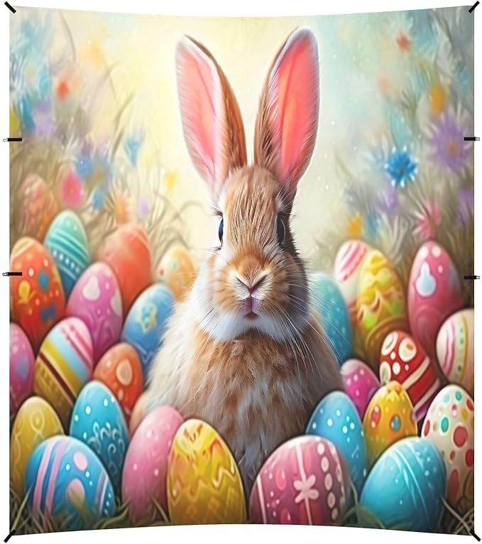 Easter Bunny and Colorful Eggs Beach Tent Sun Shelter Set UPF50+ UV Protection 10.5 x 9.19 FT Camping Shade Canopy with Sandbags Sand Anchors Carrying Bag and Others