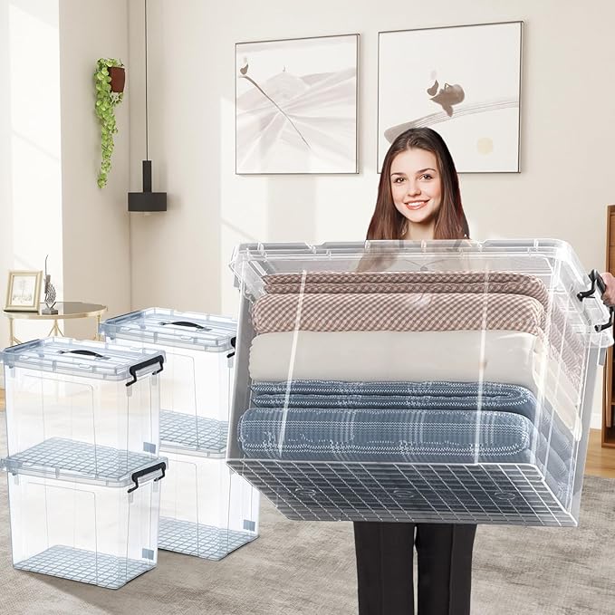 90 Quart 4-Pack Heavy-Duty Stackable Clear Storage Bins with Lids - Premium Clear Plastic Organizing Containers for Home Office Closet &amp Bathroom BPA-Free Secure Latches and Pull Handles