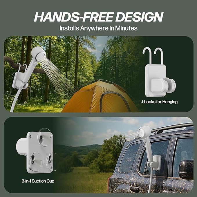 IGRL Portable Shower for Camping Powerful 10L/Min Water Flow Rechargeable Shower Pump with Bath Sponge 4 Spray Modes IPX8 Waterproof 7800mAh Battery Ideal for Hiking Travel Car Wash Pet