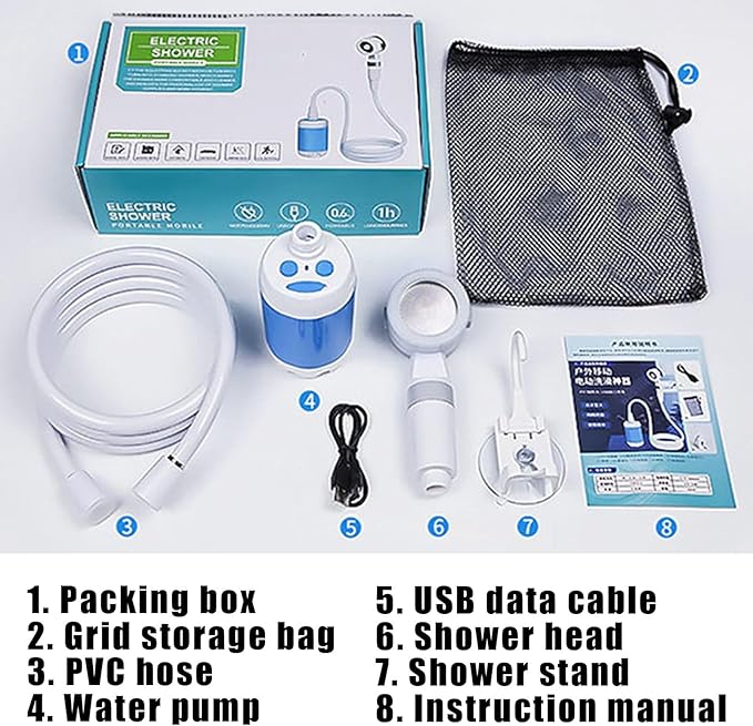 Portable Camping Shower 5000mah Battery Outdoor Camping Shower Pump Echargeable Shower Tool for Pumping Water from Bucket for Outdoor Camping Traveling Pet Bathing Car Washing