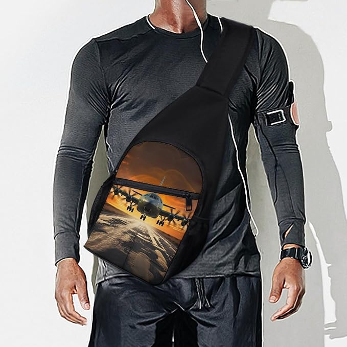 Sling Bags Military Plane Landing On Runways Chest Bag for Men Women Shoulder Bag for Travel Sport Chest Pack