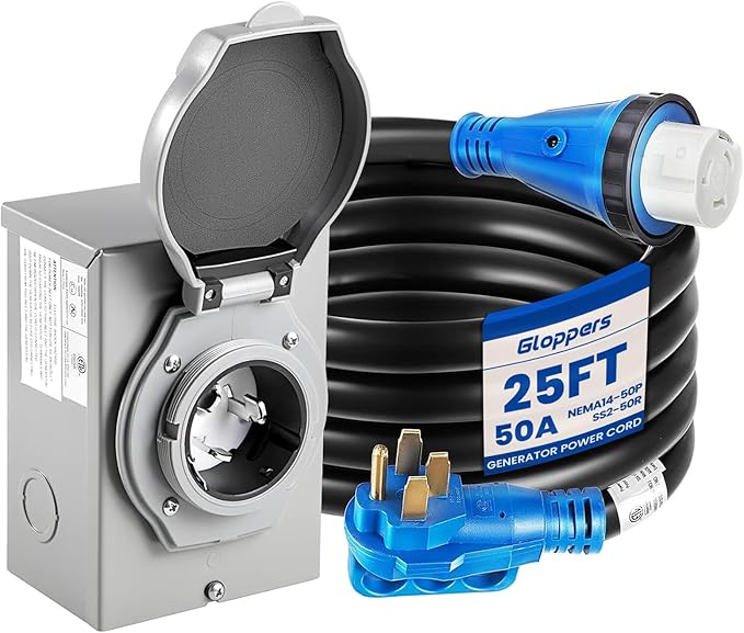 50 Amp Generator Cord and Power Inlet Box50 Amp Generator Cords 25FT125V/250V Generator Power Cord NEMA14-50P/SS2-50R Twist Lock Connector