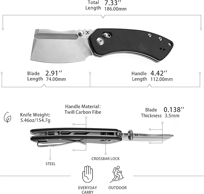 KANSEPT Korvid V Pocket Knife 2.91'' America Stonewashed D2 Blade Twill Carbon Fiber Handle Thumb Stud with Crossbar Lock Double Sided Clip for EDC Camping Folding Knives TE2030V7