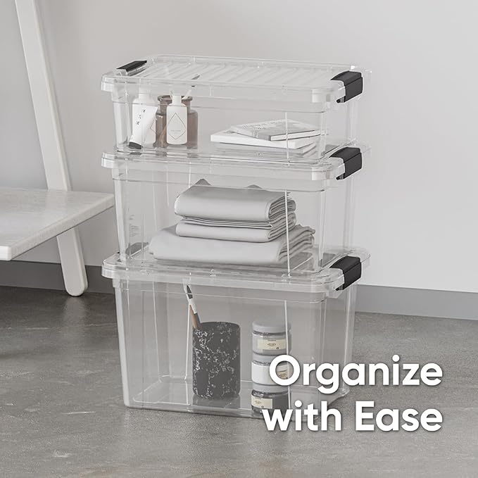 Superio Small Clear Storage Boxes with Lids 4.75 Quart Plastic Container Bins for Organizing Stackable Crates BPA Free Non Toxic Odor Free Organizers for Home Office and Dorm 6 Pack