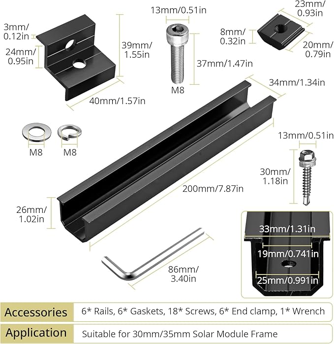 Anbte Solar Panel Bracket Kit 6 Pcs 7.87 in Aluminium Solar Panel Mounting Rail 30mm/35mm Solar Panel End Clamps Solar Panel Brackets for Metal Roof Tin Roof Flat Roof Sheet Roof Black