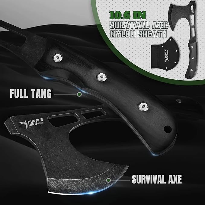 PURPLEBIRD Outdoor Axes &amp Fixed Blade Knife Set - Full Tang Camping Hatchet and Hunting Knife with Sheath Lightweight Small Hand Axe &amp Survival Knives Set with Wood Handle for Men