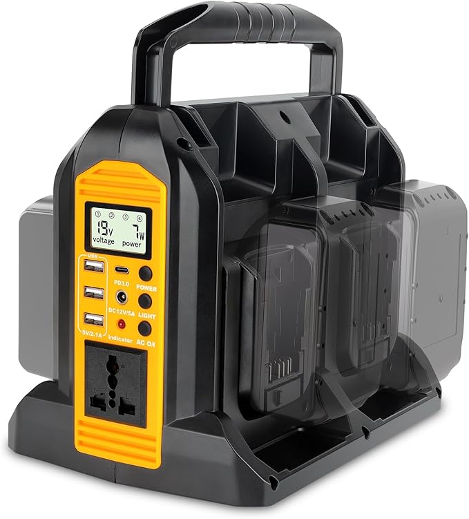 350W Power Inverter for Dewalt 20V 60V Li-ion Battery 4-Port 20V to 120V Pure Sine Wave Inverter with LED Light 3 USB-A Port 1 USB-C Port 1 DC Port Power Station for Outdoor Camping (Tool Only)